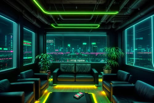 photo from pinterest of cyberpunk-style interior designed (office interior) with office desks and lounge chairs and plants and computer desks and desk lamps and office chairs and seating area with sofa and windows. . with color lights glow and cyberpunk style and dark night and cyberpunk lights and synthetic objects and cyberpunk lights and black lights and bladerunner lights. . cinematic photo, highly detailed, cinematic lighting, ultra-detailed, ultrarealistic, photorealism, 8k. trending on pinterest. cyberpunk interior design style. masterpiece, cinematic light, ultrarealistic+, photorealistic+, 8k, raw photo, realistic, sharp focus on eyes, (symmetrical eyes), (intact eyes), hyperrealistic, highest quality, best quality, , highly detailed, masterpiece, best quality, extremely detailed 8k wallpaper, masterpiece, best quality, ultra-detailed, best shadow, detailed background, detailed face, detailed eyes, high contrast, best illumination, detailed face, dulux, caustic, dynamic angle, detailed glow. dramatic lighting. highly detailed, insanely detailed hair, symmetrical, intricate details, professionally retouched, 8k high definition. strong bokeh. award winning photo.