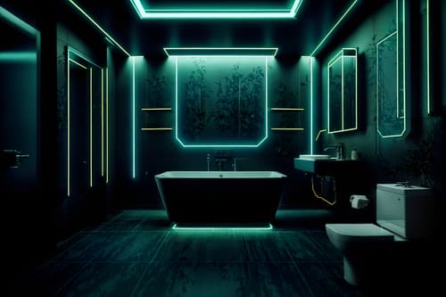 photo from pinterest of cyberpunk-style interior designed (hotel bathroom interior) with toilet seat and bath rail and mirror and waste basket and bathroom sink with faucet and shower and bathtub and plant. . with military uniforms and gear and synthetic objects and cyberpunk lights and strong geometric walls and surrealist paintings and cyberpunk lights and black lights and synthwave. . cinematic photo, highly detailed, cinematic lighting, ultra-detailed, ultrarealistic, photorealism, 8k. trending on pinterest. cyberpunk interior design style. masterpiece, cinematic light, ultrarealistic+, photorealistic+, 8k, raw photo, realistic, sharp focus on eyes, (symmetrical eyes), (intact eyes), hyperrealistic, highest quality, best quality, , highly detailed, masterpiece, best quality, extremely detailed 8k wallpaper, masterpiece, best quality, ultra-detailed, best shadow, detailed background, detailed face, detailed eyes, high contrast, best illumination, detailed face, dulux, caustic, dynamic angle, detailed glow. dramatic lighting. highly detailed, insanely detailed hair, symmetrical, intricate details, professionally retouched, 8k high definition. strong bokeh. award winning photo.
