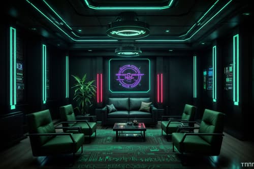photo from pinterest of cyberpunk-style interior designed (hotel lobby interior) with lounge chairs and sofas and coffee tables and hanging lamps and furniture and plant and rug and check in desk. . with military uniforms and gear and cyberpunk lights and bladerunner style and surrealist paintings and dark night and futuristic cybernetic details and synthetic objects and cyberpunk lights. . cinematic photo, highly detailed, cinematic lighting, ultra-detailed, ultrarealistic, photorealism, 8k. trending on pinterest. cyberpunk interior design style. masterpiece, cinematic light, ultrarealistic+, photorealistic+, 8k, raw photo, realistic, sharp focus on eyes, (symmetrical eyes), (intact eyes), hyperrealistic, highest quality, best quality, , highly detailed, masterpiece, best quality, extremely detailed 8k wallpaper, masterpiece, best quality, ultra-detailed, best shadow, detailed background, detailed face, detailed eyes, high contrast, best illumination, detailed face, dulux, caustic, dynamic angle, detailed glow. dramatic lighting. highly detailed, insanely detailed hair, symmetrical, intricate details, professionally retouched, 8k high definition. strong bokeh. award winning photo.