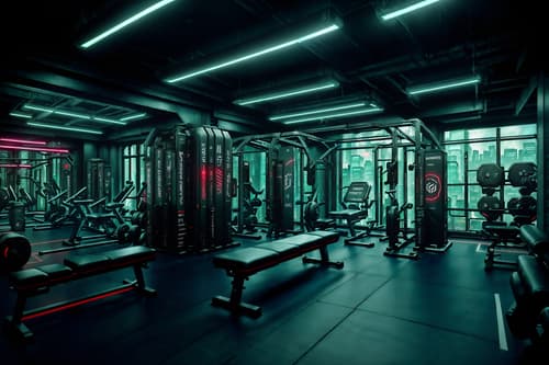 photo from pinterest of cyberpunk-style interior designed (fitness gym interior) with bench press and crosstrainer and squat rack and dumbbell stand and exercise bicycle and bench press. . with futuristic cybernetic city and surrealist paintings and dark night and military uniforms and gear and strong geometric walls and cyberpunk lights and futuristic cybernetic details and cyberpunk lights. . cinematic photo, highly detailed, cinematic lighting, ultra-detailed, ultrarealistic, photorealism, 8k. trending on pinterest. cyberpunk interior design style. masterpiece, cinematic light, ultrarealistic+, photorealistic+, 8k, raw photo, realistic, sharp focus on eyes, (symmetrical eyes), (intact eyes), hyperrealistic, highest quality, best quality, , highly detailed, masterpiece, best quality, extremely detailed 8k wallpaper, masterpiece, best quality, ultra-detailed, best shadow, detailed background, detailed face, detailed eyes, high contrast, best illumination, detailed face, dulux, caustic, dynamic angle, detailed glow. dramatic lighting. highly detailed, insanely detailed hair, symmetrical, intricate details, professionally retouched, 8k high definition. strong bokeh. award winning photo.