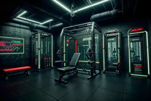 photo from pinterest of cyberpunk-style interior designed (fitness gym interior) with bench press and crosstrainer and squat rack and dumbbell stand and exercise bicycle and bench press. . with futuristic cybernetic city and surrealist paintings and dark night and military uniforms and gear and strong geometric walls and cyberpunk lights and futuristic cybernetic details and cyberpunk lights. . cinematic photo, highly detailed, cinematic lighting, ultra-detailed, ultrarealistic, photorealism, 8k. trending on pinterest. cyberpunk interior design style. masterpiece, cinematic light, ultrarealistic+, photorealistic+, 8k, raw photo, realistic, sharp focus on eyes, (symmetrical eyes), (intact eyes), hyperrealistic, highest quality, best quality, , highly detailed, masterpiece, best quality, extremely detailed 8k wallpaper, masterpiece, best quality, ultra-detailed, best shadow, detailed background, detailed face, detailed eyes, high contrast, best illumination, detailed face, dulux, caustic, dynamic angle, detailed glow. dramatic lighting. highly detailed, insanely detailed hair, symmetrical, intricate details, professionally retouched, 8k high definition. strong bokeh. award winning photo.
