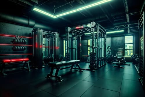 photo from pinterest of cyberpunk-style interior designed (fitness gym interior) with bench press and crosstrainer and squat rack and dumbbell stand and exercise bicycle and bench press. . with futuristic cybernetic city and surrealist paintings and dark night and military uniforms and gear and strong geometric walls and cyberpunk lights and futuristic cybernetic details and cyberpunk lights. . cinematic photo, highly detailed, cinematic lighting, ultra-detailed, ultrarealistic, photorealism, 8k. trending on pinterest. cyberpunk interior design style. masterpiece, cinematic light, ultrarealistic+, photorealistic+, 8k, raw photo, realistic, sharp focus on eyes, (symmetrical eyes), (intact eyes), hyperrealistic, highest quality, best quality, , highly detailed, masterpiece, best quality, extremely detailed 8k wallpaper, masterpiece, best quality, ultra-detailed, best shadow, detailed background, detailed face, detailed eyes, high contrast, best illumination, detailed face, dulux, caustic, dynamic angle, detailed glow. dramatic lighting. highly detailed, insanely detailed hair, symmetrical, intricate details, professionally retouched, 8k high definition. strong bokeh. award winning photo.