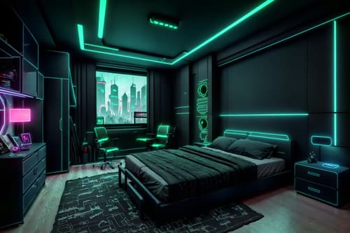 photo from pinterest of cyberpunk-style interior designed (kids room interior) with storage bench or ottoman and bedside table or night stand and kids desk and mirror and headboard and dresser closet and bed and plant. . with minimalist and strong geometric walls and black lights and futuristic cybernetic city and military uniforms and gear and cyberpunk lights and dark night and color lights glow. . cinematic photo, highly detailed, cinematic lighting, ultra-detailed, ultrarealistic, photorealism, 8k. trending on pinterest. cyberpunk interior design style. masterpiece, cinematic light, ultrarealistic+, photorealistic+, 8k, raw photo, realistic, sharp focus on eyes, (symmetrical eyes), (intact eyes), hyperrealistic, highest quality, best quality, , highly detailed, masterpiece, best quality, extremely detailed 8k wallpaper, masterpiece, best quality, ultra-detailed, best shadow, detailed background, detailed face, detailed eyes, high contrast, best illumination, detailed face, dulux, caustic, dynamic angle, detailed glow. dramatic lighting. highly detailed, insanely detailed hair, symmetrical, intricate details, professionally retouched, 8k high definition. strong bokeh. award winning photo.