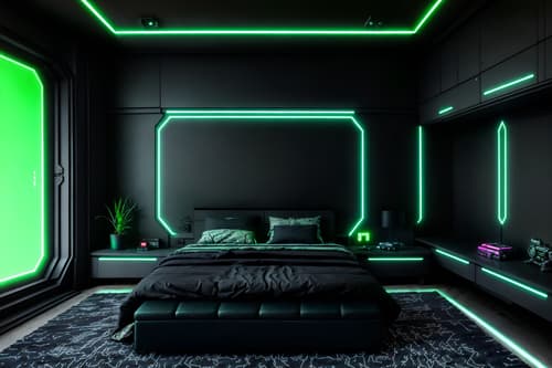 photo from pinterest of cyberpunk-style interior designed (kids room interior) with storage bench or ottoman and bedside table or night stand and kids desk and mirror and headboard and dresser closet and bed and plant. . with minimalist and strong geometric walls and black lights and futuristic cybernetic city and military uniforms and gear and cyberpunk lights and dark night and color lights glow. . cinematic photo, highly detailed, cinematic lighting, ultra-detailed, ultrarealistic, photorealism, 8k. trending on pinterest. cyberpunk interior design style. masterpiece, cinematic light, ultrarealistic+, photorealistic+, 8k, raw photo, realistic, sharp focus on eyes, (symmetrical eyes), (intact eyes), hyperrealistic, highest quality, best quality, , highly detailed, masterpiece, best quality, extremely detailed 8k wallpaper, masterpiece, best quality, ultra-detailed, best shadow, detailed background, detailed face, detailed eyes, high contrast, best illumination, detailed face, dulux, caustic, dynamic angle, detailed glow. dramatic lighting. highly detailed, insanely detailed hair, symmetrical, intricate details, professionally retouched, 8k high definition. strong bokeh. award winning photo.