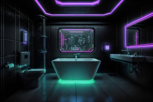 photo from pinterest of cyberpunk-style interior designed (bathroom interior) with bathtub and waste basket and bathroom sink with faucet and bath towel and bath rail and shower and bathroom cabinet and toilet seat. . with led lights and clean straight square lines and military uniforms and gear and futuristic cybernetic city and synthwave and black lights and surrealist paintings and strong geometric walls. . cinematic photo, highly detailed, cinematic lighting, ultra-detailed, ultrarealistic, photorealism, 8k. trending on pinterest. cyberpunk interior design style. masterpiece, cinematic light, ultrarealistic+, photorealistic+, 8k, raw photo, realistic, sharp focus on eyes, (symmetrical eyes), (intact eyes), hyperrealistic, highest quality, best quality, , highly detailed, masterpiece, best quality, extremely detailed 8k wallpaper, masterpiece, best quality, ultra-detailed, best shadow, detailed background, detailed face, detailed eyes, high contrast, best illumination, detailed face, dulux, caustic, dynamic angle, detailed glow. dramatic lighting. highly detailed, insanely detailed hair, symmetrical, intricate details, professionally retouched, 8k high definition. strong bokeh. award winning photo.