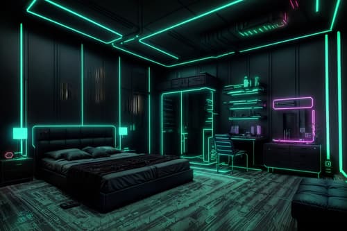 photo from pinterest of cyberpunk-style interior designed (bedroom interior) with headboard and night light and bedside table or night stand and plant and dresser closet and storage bench or ottoman and bed and mirror. . with synthwave and cyberpunk lights and cyberpunk style and minimalist and futuristic cybernetic details and black lights and military uniforms and gear and bladerunner style. . cinematic photo, highly detailed, cinematic lighting, ultra-detailed, ultrarealistic, photorealism, 8k. trending on pinterest. cyberpunk interior design style. masterpiece, cinematic light, ultrarealistic+, photorealistic+, 8k, raw photo, realistic, sharp focus on eyes, (symmetrical eyes), (intact eyes), hyperrealistic, highest quality, best quality, , highly detailed, masterpiece, best quality, extremely detailed 8k wallpaper, masterpiece, best quality, ultra-detailed, best shadow, detailed background, detailed face, detailed eyes, high contrast, best illumination, detailed face, dulux, caustic, dynamic angle, detailed glow. dramatic lighting. highly detailed, insanely detailed hair, symmetrical, intricate details, professionally retouched, 8k high definition. strong bokeh. award winning photo.