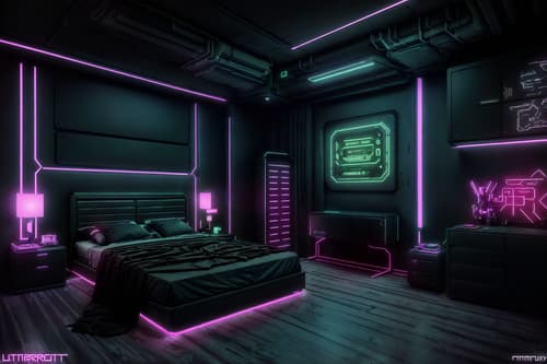 photo from pinterest of cyberpunk-style interior designed (bedroom interior) with headboard and night light and bedside table or night stand and plant and dresser closet and storage bench or ottoman and bed and mirror. . with synthwave and cyberpunk lights and cyberpunk style and minimalist and futuristic cybernetic details and black lights and military uniforms and gear and bladerunner style. . cinematic photo, highly detailed, cinematic lighting, ultra-detailed, ultrarealistic, photorealism, 8k. trending on pinterest. cyberpunk interior design style. masterpiece, cinematic light, ultrarealistic+, photorealistic+, 8k, raw photo, realistic, sharp focus on eyes, (symmetrical eyes), (intact eyes), hyperrealistic, highest quality, best quality, , highly detailed, masterpiece, best quality, extremely detailed 8k wallpaper, masterpiece, best quality, ultra-detailed, best shadow, detailed background, detailed face, detailed eyes, high contrast, best illumination, detailed face, dulux, caustic, dynamic angle, detailed glow. dramatic lighting. highly detailed, insanely detailed hair, symmetrical, intricate details, professionally retouched, 8k high definition. strong bokeh. award winning photo.