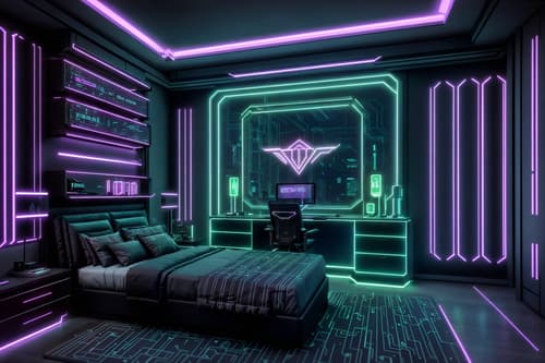photo from pinterest of cyberpunk-style interior designed (hotel room interior) with mirror and dresser closet and headboard and plant and accent chair and bedside table or night stand and storage bench or ottoman and working desk with desk chair. . with futuristic cybernetic details and synthetic objects and strong geometric walls and clean straight square lines and cyberpunk style and cyberpunk lights and futuristic cybernetic city and bladerunner lights. . cinematic photo, highly detailed, cinematic lighting, ultra-detailed, ultrarealistic, photorealism, 8k. trending on pinterest. cyberpunk interior design style. masterpiece, cinematic light, ultrarealistic+, photorealistic+, 8k, raw photo, realistic, sharp focus on eyes, (symmetrical eyes), (intact eyes), hyperrealistic, highest quality, best quality, , highly detailed, masterpiece, best quality, extremely detailed 8k wallpaper, masterpiece, best quality, ultra-detailed, best shadow, detailed background, detailed face, detailed eyes, high contrast, best illumination, detailed face, dulux, caustic, dynamic angle, detailed glow. dramatic lighting. highly detailed, insanely detailed hair, symmetrical, intricate details, professionally retouched, 8k high definition. strong bokeh. award winning photo.