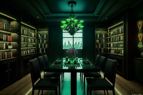 photo from pinterest of cyberpunk-style interior designed (dining room interior) with bookshelves and plates, cutlery and glasses on dining table and painting or photo on wall and light or chandelier and plant and table cloth and dining table chairs and vase. . with dark night and synthetic objects and cyberpunk lights and futuristic cybernetic city and cyberpunk style and surrealist paintings and led lights and military uniforms and gear. . cinematic photo, highly detailed, cinematic lighting, ultra-detailed, ultrarealistic, photorealism, 8k. trending on pinterest. cyberpunk interior design style. masterpiece, cinematic light, ultrarealistic+, photorealistic+, 8k, raw photo, realistic, sharp focus on eyes, (symmetrical eyes), (intact eyes), hyperrealistic, highest quality, best quality, , highly detailed, masterpiece, best quality, extremely detailed 8k wallpaper, masterpiece, best quality, ultra-detailed, best shadow, detailed background, detailed face, detailed eyes, high contrast, best illumination, detailed face, dulux, caustic, dynamic angle, detailed glow. dramatic lighting. highly detailed, insanely detailed hair, symmetrical, intricate details, professionally retouched, 8k high definition. strong bokeh. award winning photo.