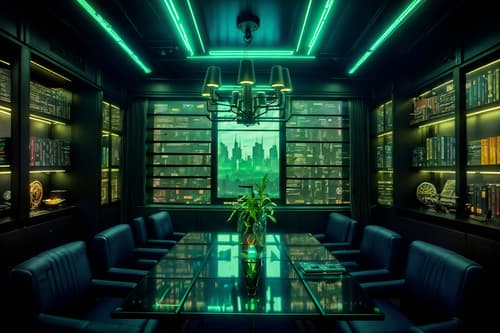 photo from pinterest of cyberpunk-style interior designed (dining room interior) with bookshelves and plates, cutlery and glasses on dining table and painting or photo on wall and light or chandelier and plant and table cloth and dining table chairs and vase. . with dark night and synthetic objects and cyberpunk lights and futuristic cybernetic city and cyberpunk style and surrealist paintings and led lights and military uniforms and gear. . cinematic photo, highly detailed, cinematic lighting, ultra-detailed, ultrarealistic, photorealism, 8k. trending on pinterest. cyberpunk interior design style. masterpiece, cinematic light, ultrarealistic+, photorealistic+, 8k, raw photo, realistic, sharp focus on eyes, (symmetrical eyes), (intact eyes), hyperrealistic, highest quality, best quality, , highly detailed, masterpiece, best quality, extremely detailed 8k wallpaper, masterpiece, best quality, ultra-detailed, best shadow, detailed background, detailed face, detailed eyes, high contrast, best illumination, detailed face, dulux, caustic, dynamic angle, detailed glow. dramatic lighting. highly detailed, insanely detailed hair, symmetrical, intricate details, professionally retouched, 8k high definition. strong bokeh. award winning photo.
