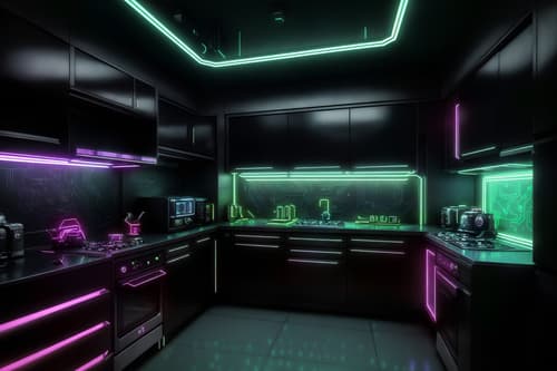 photo from pinterest of cyberpunk-style interior designed (kitchen interior) with stove and refrigerator and plant and kitchen cabinets and worktops and sink and stove. . with futuristic cybernetic city and synthwave and dark night and minimalist and color lights glow and bladerunner lights and surrealist paintings and black lights. . cinematic photo, highly detailed, cinematic lighting, ultra-detailed, ultrarealistic, photorealism, 8k. trending on pinterest. cyberpunk interior design style. masterpiece, cinematic light, ultrarealistic+, photorealistic+, 8k, raw photo, realistic, sharp focus on eyes, (symmetrical eyes), (intact eyes), hyperrealistic, highest quality, best quality, , highly detailed, masterpiece, best quality, extremely detailed 8k wallpaper, masterpiece, best quality, ultra-detailed, best shadow, detailed background, detailed face, detailed eyes, high contrast, best illumination, detailed face, dulux, caustic, dynamic angle, detailed glow. dramatic lighting. highly detailed, insanely detailed hair, symmetrical, intricate details, professionally retouched, 8k high definition. strong bokeh. award winning photo.