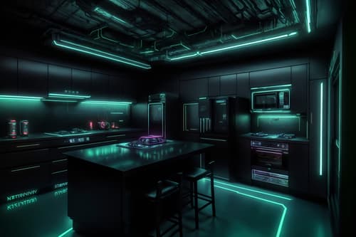photo from pinterest of cyberpunk-style interior designed (kitchen interior) with stove and refrigerator and plant and kitchen cabinets and worktops and sink and stove. . with futuristic cybernetic city and synthwave and dark night and minimalist and color lights glow and bladerunner lights and surrealist paintings and black lights. . cinematic photo, highly detailed, cinematic lighting, ultra-detailed, ultrarealistic, photorealism, 8k. trending on pinterest. cyberpunk interior design style. masterpiece, cinematic light, ultrarealistic+, photorealistic+, 8k, raw photo, realistic, sharp focus on eyes, (symmetrical eyes), (intact eyes), hyperrealistic, highest quality, best quality, , highly detailed, masterpiece, best quality, extremely detailed 8k wallpaper, masterpiece, best quality, ultra-detailed, best shadow, detailed background, detailed face, detailed eyes, high contrast, best illumination, detailed face, dulux, caustic, dynamic angle, detailed glow. dramatic lighting. highly detailed, insanely detailed hair, symmetrical, intricate details, professionally retouched, 8k high definition. strong bokeh. award winning photo.
