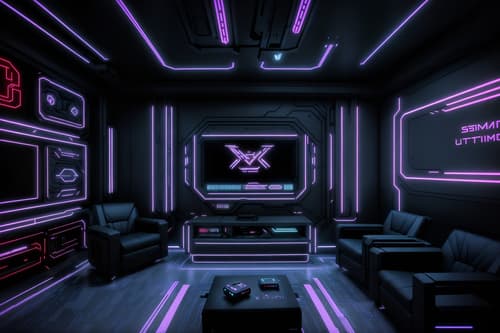 photo from pinterest of cyberpunk-style interior designed (gaming room interior) . with minimalist and futuristic cybernetic city and black lights and synthetic objects and led lights and bladerunner style and synthwave and cyberpunk style. . cinematic photo, highly detailed, cinematic lighting, ultra-detailed, ultrarealistic, photorealism, 8k. trending on pinterest. cyberpunk interior design style. masterpiece, cinematic light, ultrarealistic+, photorealistic+, 8k, raw photo, realistic, sharp focus on eyes, (symmetrical eyes), (intact eyes), hyperrealistic, highest quality, best quality, , highly detailed, masterpiece, best quality, extremely detailed 8k wallpaper, masterpiece, best quality, ultra-detailed, best shadow, detailed background, detailed face, detailed eyes, high contrast, best illumination, detailed face, dulux, caustic, dynamic angle, detailed glow. dramatic lighting. highly detailed, insanely detailed hair, symmetrical, intricate details, professionally retouched, 8k high definition. strong bokeh. award winning photo.
