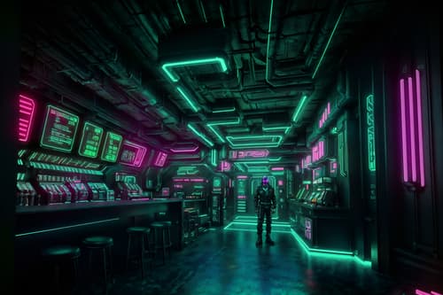 photo from pinterest of cyberpunk-style interior designed (coffee shop interior) . with bladerunner lights and color lights glow and synthwave and surrealist paintings and cyberpunk lights and minimalist and synthetic objects and futuristic cybernetic details. . cinematic photo, highly detailed, cinematic lighting, ultra-detailed, ultrarealistic, photorealism, 8k. trending on pinterest. cyberpunk interior design style. masterpiece, cinematic light, ultrarealistic+, photorealistic+, 8k, raw photo, realistic, sharp focus on eyes, (symmetrical eyes), (intact eyes), hyperrealistic, highest quality, best quality, , highly detailed, masterpiece, best quality, extremely detailed 8k wallpaper, masterpiece, best quality, ultra-detailed, best shadow, detailed background, detailed face, detailed eyes, high contrast, best illumination, detailed face, dulux, caustic, dynamic angle, detailed glow. dramatic lighting. highly detailed, insanely detailed hair, symmetrical, intricate details, professionally retouched, 8k high definition. strong bokeh. award winning photo.
