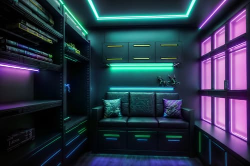 photo from pinterest of cyberpunk-style interior designed (drop zone interior) with storage drawers and lockers and high up storage and cubbies and shelves for shoes and cabinets and wall hooks for coats and a bench. . with color lights glow and bladerunner lights and futuristic cybernetic details and bladerunner style and synthetic objects and cyberpunk lights and strong geometric walls and surrealist paintings. . cinematic photo, highly detailed, cinematic lighting, ultra-detailed, ultrarealistic, photorealism, 8k. trending on pinterest. cyberpunk interior design style. masterpiece, cinematic light, ultrarealistic+, photorealistic+, 8k, raw photo, realistic, sharp focus on eyes, (symmetrical eyes), (intact eyes), hyperrealistic, highest quality, best quality, , highly detailed, masterpiece, best quality, extremely detailed 8k wallpaper, masterpiece, best quality, ultra-detailed, best shadow, detailed background, detailed face, detailed eyes, high contrast, best illumination, detailed face, dulux, caustic, dynamic angle, detailed glow. dramatic lighting. highly detailed, insanely detailed hair, symmetrical, intricate details, professionally retouched, 8k high definition. strong bokeh. award winning photo.