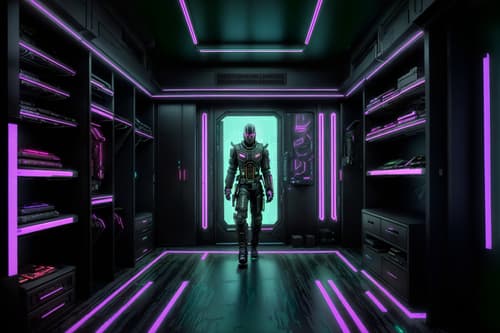 photo from pinterest of cyberpunk-style interior designed (walk in closet interior) . with black lights and military uniforms and gear and surrealist paintings and bladerunner lights and synthwave and cyberpunk lights and futuristic cybernetic city and cyberpunk lights. . cinematic photo, highly detailed, cinematic lighting, ultra-detailed, ultrarealistic, photorealism, 8k. trending on pinterest. cyberpunk interior design style. masterpiece, cinematic light, ultrarealistic+, photorealistic+, 8k, raw photo, realistic, sharp focus on eyes, (symmetrical eyes), (intact eyes), hyperrealistic, highest quality, best quality, , highly detailed, masterpiece, best quality, extremely detailed 8k wallpaper, masterpiece, best quality, ultra-detailed, best shadow, detailed background, detailed face, detailed eyes, high contrast, best illumination, detailed face, dulux, caustic, dynamic angle, detailed glow. dramatic lighting. highly detailed, insanely detailed hair, symmetrical, intricate details, professionally retouched, 8k high definition. strong bokeh. award winning photo.