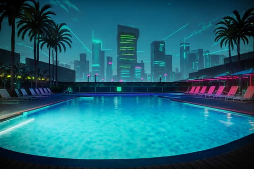 photo from pinterest of cyberpunk-style designed (outdoor pool area ) with pool lounge chairs and pool and pool lights and pool lounge chairs. . with color lights glow and strong geometric walls and cyberpunk style and cyberpunk lights and cyberpunk lights and synthwave and military uniforms and gear and dark night. . cinematic photo, highly detailed, cinematic lighting, ultra-detailed, ultrarealistic, photorealism, 8k. trending on pinterest. cyberpunk design style. masterpiece, cinematic light, ultrarealistic+, photorealistic+, 8k, raw photo, realistic, sharp focus on eyes, (symmetrical eyes), (intact eyes), hyperrealistic, highest quality, best quality, , highly detailed, masterpiece, best quality, extremely detailed 8k wallpaper, masterpiece, best quality, ultra-detailed, best shadow, detailed background, detailed face, detailed eyes, high contrast, best illumination, detailed face, dulux, caustic, dynamic angle, detailed glow. dramatic lighting. highly detailed, insanely detailed hair, symmetrical, intricate details, professionally retouched, 8k high definition. strong bokeh. award winning photo.