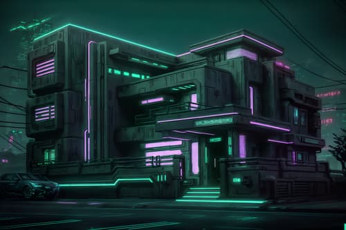 photo from pinterest of cyberpunk-style exterior designed (house exterior exterior) . with cyberpunk lights and surrealist paintings and bladerunner style and synthwave and strong geometric walls and clean straight square lines and futuristic cybernetic details and led lights. . cinematic photo, highly detailed, cinematic lighting, ultra-detailed, ultrarealistic, photorealism, 8k. trending on pinterest. cyberpunk exterior design style. masterpiece, cinematic light, ultrarealistic+, photorealistic+, 8k, raw photo, realistic, sharp focus on eyes, (symmetrical eyes), (intact eyes), hyperrealistic, highest quality, best quality, , highly detailed, masterpiece, best quality, extremely detailed 8k wallpaper, masterpiece, best quality, ultra-detailed, best shadow, detailed background, detailed face, detailed eyes, high contrast, best illumination, detailed face, dulux, caustic, dynamic angle, detailed glow. dramatic lighting. highly detailed, insanely detailed hair, symmetrical, intricate details, professionally retouched, 8k high definition. strong bokeh. award winning photo.