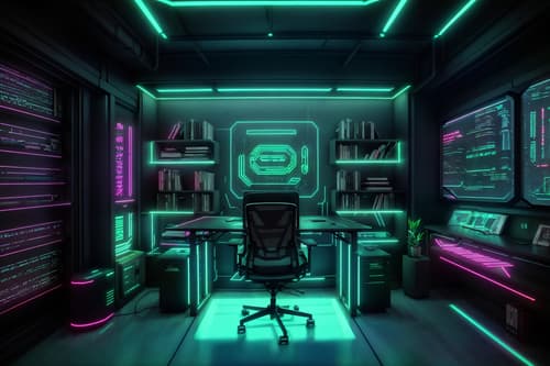photo from pinterest of cyberpunk-style interior designed (study room interior) with office chair and writing desk and lounge chair and bookshelves and plant and desk lamp and cabinets and office chair. . with synthwave and cyberpunk lights and clean straight square lines and strong geometric walls and futuristic cybernetic city and bladerunner lights and cyberpunk style and futuristic cybernetic details. . cinematic photo, highly detailed, cinematic lighting, ultra-detailed, ultrarealistic, photorealism, 8k. trending on pinterest. cyberpunk interior design style. masterpiece, cinematic light, ultrarealistic+, photorealistic+, 8k, raw photo, realistic, sharp focus on eyes, (symmetrical eyes), (intact eyes), hyperrealistic, highest quality, best quality, , highly detailed, masterpiece, best quality, extremely detailed 8k wallpaper, masterpiece, best quality, ultra-detailed, best shadow, detailed background, detailed face, detailed eyes, high contrast, best illumination, detailed face, dulux, caustic, dynamic angle, detailed glow. dramatic lighting. highly detailed, insanely detailed hair, symmetrical, intricate details, professionally retouched, 8k high definition. strong bokeh. award winning photo.