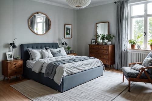 photo from pinterest of scandinavian-style interior designed (bedroom interior) with bed and accent chair and dresser closet and plant and mirror and storage bench or ottoman and headboard and bedside table or night stand. . with . . cinematic photo, highly detailed, cinematic lighting, ultra-detailed, ultrarealistic, photorealism, 8k. trending on pinterest. scandinavian interior design style. masterpiece, cinematic light, ultrarealistic+, photorealistic+, 8k, raw photo, realistic, sharp focus on eyes, (symmetrical eyes), (intact eyes), hyperrealistic, highest quality, best quality, , highly detailed, masterpiece, best quality, extremely detailed 8k wallpaper, masterpiece, best quality, ultra-detailed, best shadow, detailed background, detailed face, detailed eyes, high contrast, best illumination, detailed face, dulux, caustic, dynamic angle, detailed glow. dramatic lighting. highly detailed, insanely detailed hair, symmetrical, intricate details, professionally retouched, 8k high definition. strong bokeh. award winning photo.