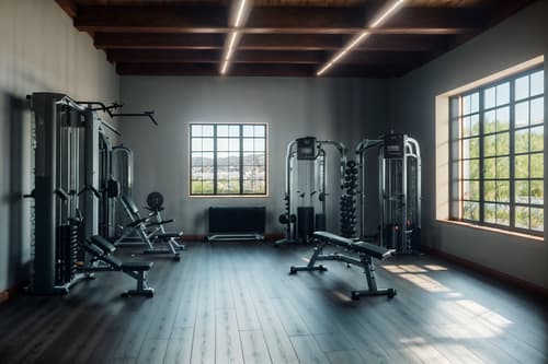 photo from pinterest of mediterranean-style interior designed (fitness gym interior) with crosstrainer and bench press and dumbbell stand and squat rack and exercise bicycle and crosstrainer. . . cinematic photo, highly detailed, cinematic lighting, ultra-detailed, ultrarealistic, photorealism, 8k. trending on pinterest. mediterranean interior design style. masterpiece, cinematic light, ultrarealistic+, photorealistic+, 8k, raw photo, realistic, sharp focus on eyes, (symmetrical eyes), (intact eyes), hyperrealistic, highest quality, best quality, , highly detailed, masterpiece, best quality, extremely detailed 8k wallpaper, masterpiece, best quality, ultra-detailed, best shadow, detailed background, detailed face, detailed eyes, high contrast, best illumination, detailed face, dulux, caustic, dynamic angle, detailed glow. dramatic lighting. highly detailed, insanely detailed hair, symmetrical, intricate details, professionally retouched, 8k high definition. strong bokeh. award winning photo.