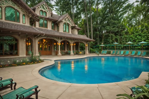 photo from pinterest of art nouveau-style designed (outdoor pool area ) with pool lights and pool and pool lounge chairs and pool lights. . with stained glass and curving, plant-like embellishments and wallpaper pattners of spider webs and soft, rounded lines and stained glass and arches and curved forms and natural materials and wallpaper patterns of stylized flowers. . cinematic photo, highly detailed, cinematic lighting, ultra-detailed, ultrarealistic, photorealism, 8k. trending on pinterest. art nouveau design style. masterpiece, cinematic light, ultrarealistic+, photorealistic+, 8k, raw photo, realistic, sharp focus on eyes, (symmetrical eyes), (intact eyes), hyperrealistic, highest quality, best quality, , highly detailed, masterpiece, best quality, extremely detailed 8k wallpaper, masterpiece, best quality, ultra-detailed, best shadow, detailed background, detailed face, detailed eyes, high contrast, best illumination, detailed face, dulux, caustic, dynamic angle, detailed glow. dramatic lighting. highly detailed, insanely detailed hair, symmetrical, intricate details, professionally retouched, 8k high definition. strong bokeh. award winning photo.