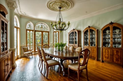 photo from pinterest of art nouveau-style interior designed (dining room interior) with dining table chairs and bookshelves and plates, cutlery and glasses on dining table and plant and vase and painting or photo on wall and table cloth and light or chandelier. . with arches and curved forms and natural materials and curving, plant-like embellishments and asymmetrical shapes and soft, rounded lines and ashy colors and stained glass and wallpaper patterns of feathers. . cinematic photo, highly detailed, cinematic lighting, ultra-detailed, ultrarealistic, photorealism, 8k. trending on pinterest. art nouveau interior design style. masterpiece, cinematic light, ultrarealistic+, photorealistic+, 8k, raw photo, realistic, sharp focus on eyes, (symmetrical eyes), (intact eyes), hyperrealistic, highest quality, best quality, , highly detailed, masterpiece, best quality, extremely detailed 8k wallpaper, masterpiece, best quality, ultra-detailed, best shadow, detailed background, detailed face, detailed eyes, high contrast, best illumination, detailed face, dulux, caustic, dynamic angle, detailed glow. dramatic lighting. highly detailed, insanely detailed hair, symmetrical, intricate details, professionally retouched, 8k high definition. strong bokeh. award winning photo.