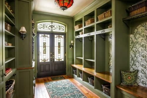 photo from pinterest of art nouveau-style interior designed (mudroom interior) with wall hooks for coats and high up storage and storage drawers and shelves for shoes and storage baskets and cubbies and a bench and cabinets. . with japanese motifs and wallpaper pattners of spider webs and stained glass and curving, plant-like embellishments and ashy colors and curved glass and asymmetrical shapes and wallpaper patterns of feathers. . cinematic photo, highly detailed, cinematic lighting, ultra-detailed, ultrarealistic, photorealism, 8k. trending on pinterest. art nouveau interior design style. masterpiece, cinematic light, ultrarealistic+, photorealistic+, 8k, raw photo, realistic, sharp focus on eyes, (symmetrical eyes), (intact eyes), hyperrealistic, highest quality, best quality, , highly detailed, masterpiece, best quality, extremely detailed 8k wallpaper, masterpiece, best quality, ultra-detailed, best shadow, detailed background, detailed face, detailed eyes, high contrast, best illumination, detailed face, dulux, caustic, dynamic angle, detailed glow. dramatic lighting. highly detailed, insanely detailed hair, symmetrical, intricate details, professionally retouched, 8k high definition. strong bokeh. award winning photo.