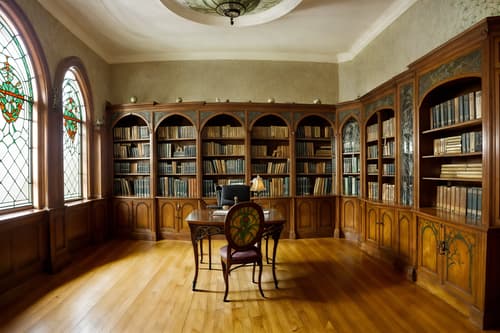 photo from pinterest of art nouveau-style interior designed (study room interior) with bookshelves and office chair and plant and desk lamp and lounge chair and cabinets and writing desk and bookshelves. . with arches and curved forms and curving, plant-like embellishments and soft, rounded lines and stained glass and wallpaper pattners of spider webs and wallpaper patterns of feathers and curved glass and stained glass. . cinematic photo, highly detailed, cinematic lighting, ultra-detailed, ultrarealistic, photorealism, 8k. trending on pinterest. art nouveau interior design style. masterpiece, cinematic light, ultrarealistic+, photorealistic+, 8k, raw photo, realistic, sharp focus on eyes, (symmetrical eyes), (intact eyes), hyperrealistic, highest quality, best quality, , highly detailed, masterpiece, best quality, extremely detailed 8k wallpaper, masterpiece, best quality, ultra-detailed, best shadow, detailed background, detailed face, detailed eyes, high contrast, best illumination, detailed face, dulux, caustic, dynamic angle, detailed glow. dramatic lighting. highly detailed, insanely detailed hair, symmetrical, intricate details, professionally retouched, 8k high definition. strong bokeh. award winning photo.