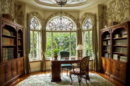 photo from pinterest of art nouveau-style interior designed (study room interior) with bookshelves and office chair and plant and desk lamp and lounge chair and cabinets and writing desk and bookshelves. . with arches and curved forms and curving, plant-like embellishments and soft, rounded lines and stained glass and wallpaper pattners of spider webs and wallpaper patterns of feathers and curved glass and stained glass. . cinematic photo, highly detailed, cinematic lighting, ultra-detailed, ultrarealistic, photorealism, 8k. trending on pinterest. art nouveau interior design style. masterpiece, cinematic light, ultrarealistic+, photorealistic+, 8k, raw photo, realistic, sharp focus on eyes, (symmetrical eyes), (intact eyes), hyperrealistic, highest quality, best quality, , highly detailed, masterpiece, best quality, extremely detailed 8k wallpaper, masterpiece, best quality, ultra-detailed, best shadow, detailed background, detailed face, detailed eyes, high contrast, best illumination, detailed face, dulux, caustic, dynamic angle, detailed glow. dramatic lighting. highly detailed, insanely detailed hair, symmetrical, intricate details, professionally retouched, 8k high definition. strong bokeh. award winning photo.