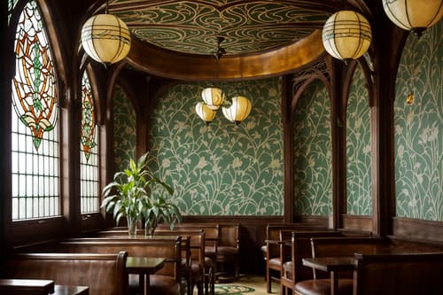 photo from pinterest of art nouveau-style interior designed (coffee shop interior) . with curving, plant-like embellishments and arches and curved forms and soft, rounded lines and asymmetrical shapes and wallpaper patterns of feathers and japanese motifs and stained glass and wallpaper pattners of spider webs. . cinematic photo, highly detailed, cinematic lighting, ultra-detailed, ultrarealistic, photorealism, 8k. trending on pinterest. art nouveau interior design style. masterpiece, cinematic light, ultrarealistic+, photorealistic+, 8k, raw photo, realistic, sharp focus on eyes, (symmetrical eyes), (intact eyes), hyperrealistic, highest quality, best quality, , highly detailed, masterpiece, best quality, extremely detailed 8k wallpaper, masterpiece, best quality, ultra-detailed, best shadow, detailed background, detailed face, detailed eyes, high contrast, best illumination, detailed face, dulux, caustic, dynamic angle, detailed glow. dramatic lighting. highly detailed, insanely detailed hair, symmetrical, intricate details, professionally retouched, 8k high definition. strong bokeh. award winning photo.