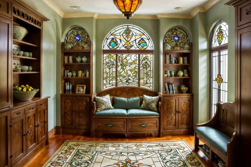 photo from pinterest of art nouveau-style interior designed (drop zone interior) with cabinets and high up storage and storage drawers and storage baskets and cubbies and shelves for shoes and wall hooks for coats and a bench. . with stained glass and soft, rounded lines and arches and curved forms and stained glass and ashy colors and wallpaper patterns of stylized flowers and asymmetrical shapes and natural materials. . cinematic photo, highly detailed, cinematic lighting, ultra-detailed, ultrarealistic, photorealism, 8k. trending on pinterest. art nouveau interior design style. masterpiece, cinematic light, ultrarealistic+, photorealistic+, 8k, raw photo, realistic, sharp focus on eyes, (symmetrical eyes), (intact eyes), hyperrealistic, highest quality, best quality, , highly detailed, masterpiece, best quality, extremely detailed 8k wallpaper, masterpiece, best quality, ultra-detailed, best shadow, detailed background, detailed face, detailed eyes, high contrast, best illumination, detailed face, dulux, caustic, dynamic angle, detailed glow. dramatic lighting. highly detailed, insanely detailed hair, symmetrical, intricate details, professionally retouched, 8k high definition. strong bokeh. award winning photo.