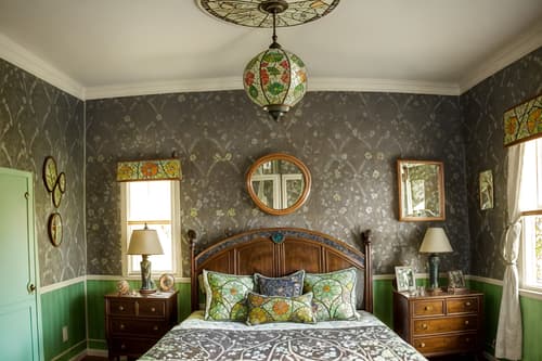 photo from pinterest of art nouveau-style interior designed (kids room interior) with night light and mirror and bed and accent chair and bedside table or night stand and storage bench or ottoman and kids desk and plant. . with mosaics and wallpaper patterns of stylized flowers and stained glass and wallpaper pattners of spider webs and natural materials and ashy colors and curved glass and japanese motifs. . cinematic photo, highly detailed, cinematic lighting, ultra-detailed, ultrarealistic, photorealism, 8k. trending on pinterest. art nouveau interior design style. masterpiece, cinematic light, ultrarealistic+, photorealistic+, 8k, raw photo, realistic, sharp focus on eyes, (symmetrical eyes), (intact eyes), hyperrealistic, highest quality, best quality, , highly detailed, masterpiece, best quality, extremely detailed 8k wallpaper, masterpiece, best quality, ultra-detailed, best shadow, detailed background, detailed face, detailed eyes, high contrast, best illumination, detailed face, dulux, caustic, dynamic angle, detailed glow. dramatic lighting. highly detailed, insanely detailed hair, symmetrical, intricate details, professionally retouched, 8k high definition. strong bokeh. award winning photo.