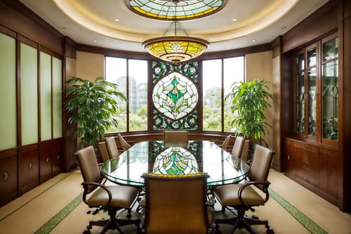 photo from pinterest of art nouveau-style interior designed (meeting room interior) with office chairs and boardroom table and vase and glass doors and plant and cabinets and painting or photo on wall and glass walls. . with curved glass and asymmetrical shapes and mosaics and japanese motifs and soft, rounded lines and curving, plant-like embellishments and natural materials and stained glass. . cinematic photo, highly detailed, cinematic lighting, ultra-detailed, ultrarealistic, photorealism, 8k. trending on pinterest. art nouveau interior design style. masterpiece, cinematic light, ultrarealistic+, photorealistic+, 8k, raw photo, realistic, sharp focus on eyes, (symmetrical eyes), (intact eyes), hyperrealistic, highest quality, best quality, , highly detailed, masterpiece, best quality, extremely detailed 8k wallpaper, masterpiece, best quality, ultra-detailed, best shadow, detailed background, detailed face, detailed eyes, high contrast, best illumination, detailed face, dulux, caustic, dynamic angle, detailed glow. dramatic lighting. highly detailed, insanely detailed hair, symmetrical, intricate details, professionally retouched, 8k high definition. strong bokeh. award winning photo.
