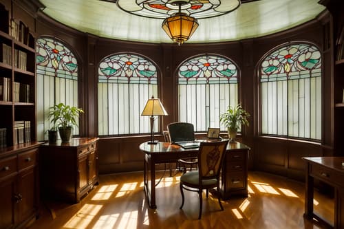 photo from pinterest of art nouveau-style interior designed (home office interior) with desk lamp and cabinets and computer desk and plant and office chair and desk lamp. . with stained glass and asymmetrical shapes and soft, rounded lines and japanese motifs and wallpaper pattners of spider webs and mosaics and stained glass and curved glass. . cinematic photo, highly detailed, cinematic lighting, ultra-detailed, ultrarealistic, photorealism, 8k. trending on pinterest. art nouveau interior design style. masterpiece, cinematic light, ultrarealistic+, photorealistic+, 8k, raw photo, realistic, sharp focus on eyes, (symmetrical eyes), (intact eyes), hyperrealistic, highest quality, best quality, , highly detailed, masterpiece, best quality, extremely detailed 8k wallpaper, masterpiece, best quality, ultra-detailed, best shadow, detailed background, detailed face, detailed eyes, high contrast, best illumination, detailed face, dulux, caustic, dynamic angle, detailed glow. dramatic lighting. highly detailed, insanely detailed hair, symmetrical, intricate details, professionally retouched, 8k high definition. strong bokeh. award winning photo.