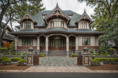 photo from pinterest of art nouveau-style exterior designed (house exterior exterior) . with ashy colors and mosaics and asymmetrical shapes and natural materials and stained glass and japanese motifs and curved glass and stained glass. . cinematic photo, highly detailed, cinematic lighting, ultra-detailed, ultrarealistic, photorealism, 8k. trending on pinterest. art nouveau exterior design style. masterpiece, cinematic light, ultrarealistic+, photorealistic+, 8k, raw photo, realistic, sharp focus on eyes, (symmetrical eyes), (intact eyes), hyperrealistic, highest quality, best quality, , highly detailed, masterpiece, best quality, extremely detailed 8k wallpaper, masterpiece, best quality, ultra-detailed, best shadow, detailed background, detailed face, detailed eyes, high contrast, best illumination, detailed face, dulux, caustic, dynamic angle, detailed glow. dramatic lighting. highly detailed, insanely detailed hair, symmetrical, intricate details, professionally retouched, 8k high definition. strong bokeh. award winning photo.