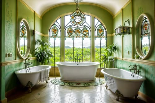 photo from pinterest of art nouveau-style interior designed (hotel bathroom interior) with shower and bath towel and plant and bathroom sink with faucet and bathtub and bath rail and toilet seat and waste basket. . with stained glass and curving, plant-like embellishments and arches and curved forms and wallpaper pattners of spider webs and natural materials and curved glass and stained glass and japanese motifs. . cinematic photo, highly detailed, cinematic lighting, ultra-detailed, ultrarealistic, photorealism, 8k. trending on pinterest. art nouveau interior design style. masterpiece, cinematic light, ultrarealistic+, photorealistic+, 8k, raw photo, realistic, sharp focus on eyes, (symmetrical eyes), (intact eyes), hyperrealistic, highest quality, best quality, , highly detailed, masterpiece, best quality, extremely detailed 8k wallpaper, masterpiece, best quality, ultra-detailed, best shadow, detailed background, detailed face, detailed eyes, high contrast, best illumination, detailed face, dulux, caustic, dynamic angle, detailed glow. dramatic lighting. highly detailed, insanely detailed hair, symmetrical, intricate details, professionally retouched, 8k high definition. strong bokeh. award winning photo.