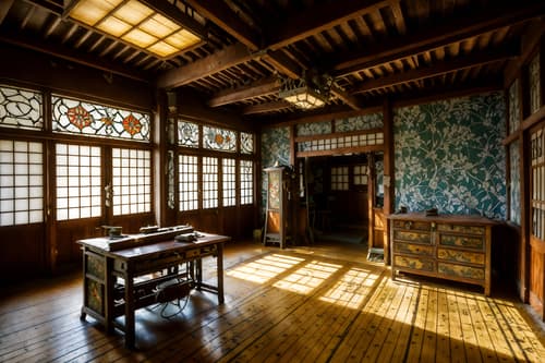 photo from pinterest of art nouveau-style interior designed (workshop interior) with messy and wooden workbench and tool wall and messy. . with asymmetrical shapes and japanese motifs and arches and curved forms and wallpaper patterns of stylized flowers and wallpaper patterns of feathers and stained glass and mosaics and soft, rounded lines. . cinematic photo, highly detailed, cinematic lighting, ultra-detailed, ultrarealistic, photorealism, 8k. trending on pinterest. art nouveau interior design style. masterpiece, cinematic light, ultrarealistic+, photorealistic+, 8k, raw photo, realistic, sharp focus on eyes, (symmetrical eyes), (intact eyes), hyperrealistic, highest quality, best quality, , highly detailed, masterpiece, best quality, extremely detailed 8k wallpaper, masterpiece, best quality, ultra-detailed, best shadow, detailed background, detailed face, detailed eyes, high contrast, best illumination, detailed face, dulux, caustic, dynamic angle, detailed glow. dramatic lighting. highly detailed, insanely detailed hair, symmetrical, intricate details, professionally retouched, 8k high definition. strong bokeh. award winning photo.