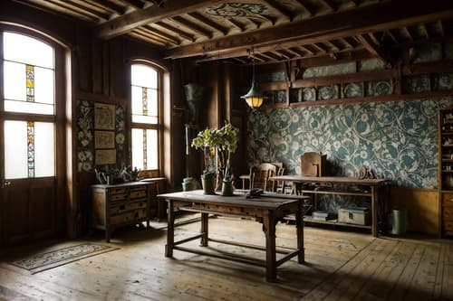 photo from pinterest of art nouveau-style interior designed (workshop interior) with messy and wooden workbench and tool wall and messy. . with asymmetrical shapes and japanese motifs and arches and curved forms and wallpaper patterns of stylized flowers and wallpaper patterns of feathers and stained glass and mosaics and soft, rounded lines. . cinematic photo, highly detailed, cinematic lighting, ultra-detailed, ultrarealistic, photorealism, 8k. trending on pinterest. art nouveau interior design style. masterpiece, cinematic light, ultrarealistic+, photorealistic+, 8k, raw photo, realistic, sharp focus on eyes, (symmetrical eyes), (intact eyes), hyperrealistic, highest quality, best quality, , highly detailed, masterpiece, best quality, extremely detailed 8k wallpaper, masterpiece, best quality, ultra-detailed, best shadow, detailed background, detailed face, detailed eyes, high contrast, best illumination, detailed face, dulux, caustic, dynamic angle, detailed glow. dramatic lighting. highly detailed, insanely detailed hair, symmetrical, intricate details, professionally retouched, 8k high definition. strong bokeh. award winning photo.