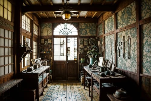 photo from pinterest of art nouveau-style interior designed (workshop interior) with messy and wooden workbench and tool wall and messy. . with asymmetrical shapes and japanese motifs and arches and curved forms and wallpaper patterns of stylized flowers and wallpaper patterns of feathers and stained glass and mosaics and soft, rounded lines. . cinematic photo, highly detailed, cinematic lighting, ultra-detailed, ultrarealistic, photorealism, 8k. trending on pinterest. art nouveau interior design style. masterpiece, cinematic light, ultrarealistic+, photorealistic+, 8k, raw photo, realistic, sharp focus on eyes, (symmetrical eyes), (intact eyes), hyperrealistic, highest quality, best quality, , highly detailed, masterpiece, best quality, extremely detailed 8k wallpaper, masterpiece, best quality, ultra-detailed, best shadow, detailed background, detailed face, detailed eyes, high contrast, best illumination, detailed face, dulux, caustic, dynamic angle, detailed glow. dramatic lighting. highly detailed, insanely detailed hair, symmetrical, intricate details, professionally retouched, 8k high definition. strong bokeh. award winning photo.