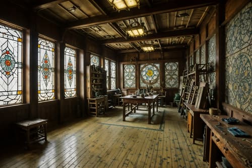 photo from pinterest of art nouveau-style interior designed (workshop interior) with messy and wooden workbench and tool wall and messy. . with asymmetrical shapes and japanese motifs and arches and curved forms and wallpaper patterns of stylized flowers and wallpaper patterns of feathers and stained glass and mosaics and soft, rounded lines. . cinematic photo, highly detailed, cinematic lighting, ultra-detailed, ultrarealistic, photorealism, 8k. trending on pinterest. art nouveau interior design style. masterpiece, cinematic light, ultrarealistic+, photorealistic+, 8k, raw photo, realistic, sharp focus on eyes, (symmetrical eyes), (intact eyes), hyperrealistic, highest quality, best quality, , highly detailed, masterpiece, best quality, extremely detailed 8k wallpaper, masterpiece, best quality, ultra-detailed, best shadow, detailed background, detailed face, detailed eyes, high contrast, best illumination, detailed face, dulux, caustic, dynamic angle, detailed glow. dramatic lighting. highly detailed, insanely detailed hair, symmetrical, intricate details, professionally retouched, 8k high definition. strong bokeh. award winning photo.