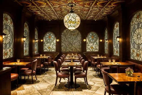 photo from pinterest of art nouveau-style interior designed (restaurant interior) with restaurant chairs and restaurant decor and restaurant dining tables and restaurant bar and restaurant chairs. . with asymmetrical shapes and natural materials and stained glass and wallpaper patterns of stylized flowers and mosaics and ashy colors and wallpaper pattners of spider webs and wallpaper patterns of feathers. . cinematic photo, highly detailed, cinematic lighting, ultra-detailed, ultrarealistic, photorealism, 8k. trending on pinterest. art nouveau interior design style. masterpiece, cinematic light, ultrarealistic+, photorealistic+, 8k, raw photo, realistic, sharp focus on eyes, (symmetrical eyes), (intact eyes), hyperrealistic, highest quality, best quality, , highly detailed, masterpiece, best quality, extremely detailed 8k wallpaper, masterpiece, best quality, ultra-detailed, best shadow, detailed background, detailed face, detailed eyes, high contrast, best illumination, detailed face, dulux, caustic, dynamic angle, detailed glow. dramatic lighting. highly detailed, insanely detailed hair, symmetrical, intricate details, professionally retouched, 8k high definition. strong bokeh. award winning photo.