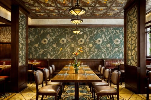 photo from pinterest of art nouveau-style interior designed (restaurant interior) with restaurant chairs and restaurant decor and restaurant dining tables and restaurant bar and restaurant chairs. . with asymmetrical shapes and natural materials and stained glass and wallpaper patterns of stylized flowers and mosaics and ashy colors and wallpaper pattners of spider webs and wallpaper patterns of feathers. . cinematic photo, highly detailed, cinematic lighting, ultra-detailed, ultrarealistic, photorealism, 8k. trending on pinterest. art nouveau interior design style. masterpiece, cinematic light, ultrarealistic+, photorealistic+, 8k, raw photo, realistic, sharp focus on eyes, (symmetrical eyes), (intact eyes), hyperrealistic, highest quality, best quality, , highly detailed, masterpiece, best quality, extremely detailed 8k wallpaper, masterpiece, best quality, ultra-detailed, best shadow, detailed background, detailed face, detailed eyes, high contrast, best illumination, detailed face, dulux, caustic, dynamic angle, detailed glow. dramatic lighting. highly detailed, insanely detailed hair, symmetrical, intricate details, professionally retouched, 8k high definition. strong bokeh. award winning photo.