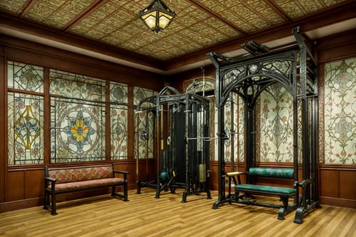 photo from pinterest of art nouveau-style interior designed (fitness gym interior) with squat rack and bench press and crosstrainer and exercise bicycle and dumbbell stand and squat rack. . with stained glass and asymmetrical shapes and wallpaper patterns of stylized flowers and ashy colors and mosaics and wallpaper pattners of spider webs and wallpaper patterns of feathers and japanese motifs. . cinematic photo, highly detailed, cinematic lighting, ultra-detailed, ultrarealistic, photorealism, 8k. trending on pinterest. art nouveau interior design style. masterpiece, cinematic light, ultrarealistic+, photorealistic+, 8k, raw photo, realistic, sharp focus on eyes, (symmetrical eyes), (intact eyes), hyperrealistic, highest quality, best quality, , highly detailed, masterpiece, best quality, extremely detailed 8k wallpaper, masterpiece, best quality, ultra-detailed, best shadow, detailed background, detailed face, detailed eyes, high contrast, best illumination, detailed face, dulux, caustic, dynamic angle, detailed glow. dramatic lighting. highly detailed, insanely detailed hair, symmetrical, intricate details, professionally retouched, 8k high definition. strong bokeh. award winning photo.