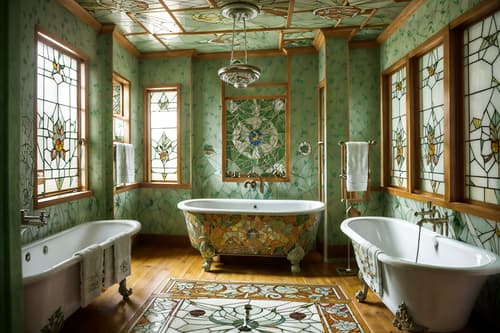 photo from pinterest of art nouveau-style interior designed (bathroom interior) with bathtub and shower and bath towel and mirror and bathroom sink with faucet and plant and bath rail and waste basket. . with natural materials and japanese motifs and stained glass and wallpaper pattners of spider webs and mosaics and stained glass and asymmetrical shapes and wallpaper patterns of feathers. . cinematic photo, highly detailed, cinematic lighting, ultra-detailed, ultrarealistic, photorealism, 8k. trending on pinterest. art nouveau interior design style. masterpiece, cinematic light, ultrarealistic+, photorealistic+, 8k, raw photo, realistic, sharp focus on eyes, (symmetrical eyes), (intact eyes), hyperrealistic, highest quality, best quality, , highly detailed, masterpiece, best quality, extremely detailed 8k wallpaper, masterpiece, best quality, ultra-detailed, best shadow, detailed background, detailed face, detailed eyes, high contrast, best illumination, detailed face, dulux, caustic, dynamic angle, detailed glow. dramatic lighting. highly detailed, insanely detailed hair, symmetrical, intricate details, professionally retouched, 8k high definition. strong bokeh. award winning photo.