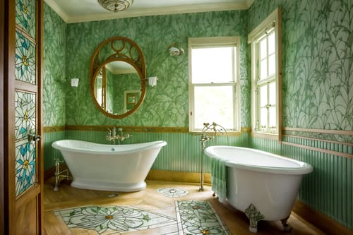 photo from pinterest of art nouveau-style interior designed (bathroom interior) with bathtub and shower and bath towel and mirror and bathroom sink with faucet and plant and bath rail and waste basket. . with natural materials and japanese motifs and stained glass and wallpaper pattners of spider webs and mosaics and stained glass and asymmetrical shapes and wallpaper patterns of feathers. . cinematic photo, highly detailed, cinematic lighting, ultra-detailed, ultrarealistic, photorealism, 8k. trending on pinterest. art nouveau interior design style. masterpiece, cinematic light, ultrarealistic+, photorealistic+, 8k, raw photo, realistic, sharp focus on eyes, (symmetrical eyes), (intact eyes), hyperrealistic, highest quality, best quality, , highly detailed, masterpiece, best quality, extremely detailed 8k wallpaper, masterpiece, best quality, ultra-detailed, best shadow, detailed background, detailed face, detailed eyes, high contrast, best illumination, detailed face, dulux, caustic, dynamic angle, detailed glow. dramatic lighting. highly detailed, insanely detailed hair, symmetrical, intricate details, professionally retouched, 8k high definition. strong bokeh. award winning photo.