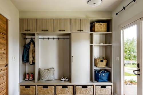 photo from pinterest of modern-style interior designed (mudroom interior) with cabinets and cubbies and storage baskets and a bench and storage drawers and shelves for shoes and wall hooks for coats and high up storage. . with practicality and functionality and open and natural lighting and neutral walls and textures and simple, clean lines and simplistic furniture and natural materials and elements and practicality and functionality. . cinematic photo, highly detailed, cinematic lighting, ultra-detailed, ultrarealistic, photorealism, 8k. trending on pinterest. modern interior design style. masterpiece, cinematic light, ultrarealistic+, photorealistic+, 8k, raw photo, realistic, sharp focus on eyes, (symmetrical eyes), (intact eyes), hyperrealistic, highest quality, best quality, , highly detailed, masterpiece, best quality, extremely detailed 8k wallpaper, masterpiece, best quality, ultra-detailed, best shadow, detailed background, detailed face, detailed eyes, high contrast, best illumination, detailed face, dulux, caustic, dynamic angle, detailed glow. dramatic lighting. highly detailed, insanely detailed hair, symmetrical, intricate details, professionally retouched, 8k high definition. strong bokeh. award winning photo.
