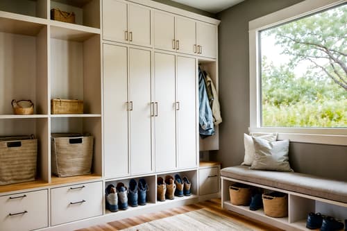 photo from pinterest of modern-style interior designed (mudroom interior) with cabinets and cubbies and storage baskets and a bench and storage drawers and shelves for shoes and wall hooks for coats and high up storage. . with practicality and functionality and open and natural lighting and neutral walls and textures and simple, clean lines and simplistic furniture and natural materials and elements and practicality and functionality. . cinematic photo, highly detailed, cinematic lighting, ultra-detailed, ultrarealistic, photorealism, 8k. trending on pinterest. modern interior design style. masterpiece, cinematic light, ultrarealistic+, photorealistic+, 8k, raw photo, realistic, sharp focus on eyes, (symmetrical eyes), (intact eyes), hyperrealistic, highest quality, best quality, , highly detailed, masterpiece, best quality, extremely detailed 8k wallpaper, masterpiece, best quality, ultra-detailed, best shadow, detailed background, detailed face, detailed eyes, high contrast, best illumination, detailed face, dulux, caustic, dynamic angle, detailed glow. dramatic lighting. highly detailed, insanely detailed hair, symmetrical, intricate details, professionally retouched, 8k high definition. strong bokeh. award winning photo.