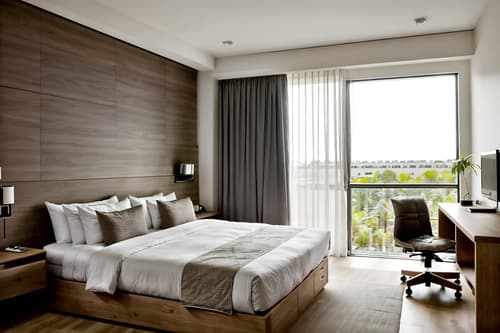 photo from pinterest of modern-style interior designed (hotel room interior) with storage bench or ottoman and plant and working desk with desk chair and accent chair and hotel bathroom and bedside table or night stand and bed and night light. . with open and natural lighting and practicality and functionality and neutral walls and textures and natural materials and elements and simple, clean lines and simplistic furniture and open and natural lighting. . cinematic photo, highly detailed, cinematic lighting, ultra-detailed, ultrarealistic, photorealism, 8k. trending on pinterest. modern interior design style. masterpiece, cinematic light, ultrarealistic+, photorealistic+, 8k, raw photo, realistic, sharp focus on eyes, (symmetrical eyes), (intact eyes), hyperrealistic, highest quality, best quality, , highly detailed, masterpiece, best quality, extremely detailed 8k wallpaper, masterpiece, best quality, ultra-detailed, best shadow, detailed background, detailed face, detailed eyes, high contrast, best illumination, detailed face, dulux, caustic, dynamic angle, detailed glow. dramatic lighting. highly detailed, insanely detailed hair, symmetrical, intricate details, professionally retouched, 8k high definition. strong bokeh. award winning photo.