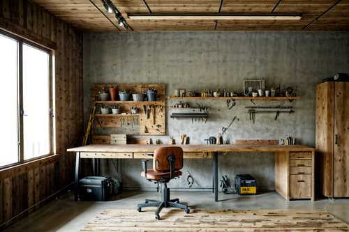 photo from pinterest of modern-style interior designed (workshop interior) with tool wall and messy and wooden workbench and tool wall. . with natural materials and elements and simple, clean lines and simplistic furniture and neutral walls and textures and practicality and functionality and open and natural lighting and natural materials and elements. . cinematic photo, highly detailed, cinematic lighting, ultra-detailed, ultrarealistic, photorealism, 8k. trending on pinterest. modern interior design style. masterpiece, cinematic light, ultrarealistic+, photorealistic+, 8k, raw photo, realistic, sharp focus on eyes, (symmetrical eyes), (intact eyes), hyperrealistic, highest quality, best quality, , highly detailed, masterpiece, best quality, extremely detailed 8k wallpaper, masterpiece, best quality, ultra-detailed, best shadow, detailed background, detailed face, detailed eyes, high contrast, best illumination, detailed face, dulux, caustic, dynamic angle, detailed glow. dramatic lighting. highly detailed, insanely detailed hair, symmetrical, intricate details, professionally retouched, 8k high definition. strong bokeh. award winning photo.